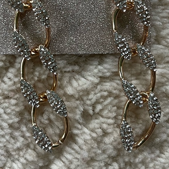 NWT Natasha CZ Chain Link Drop Earrings - Gold Brass Pavé Curb Cuban Statement - Picture 2 of 3